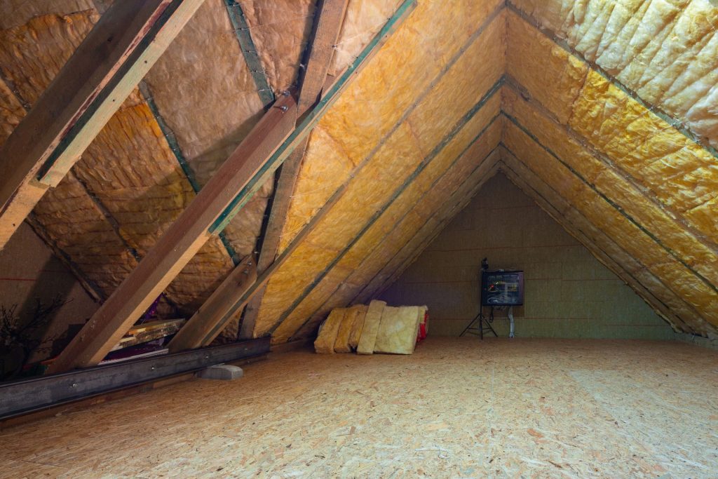 Inside roof attic with roof insulation