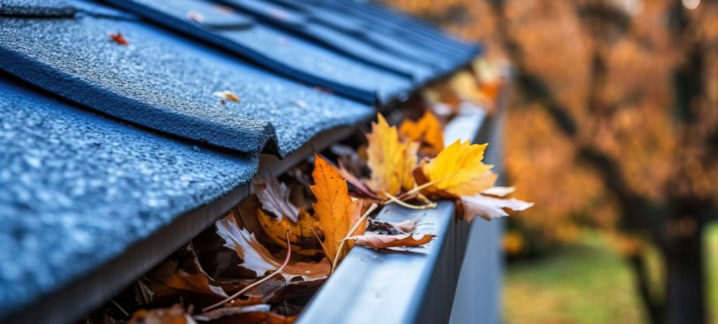 leaves clogging up gutters in autumn
