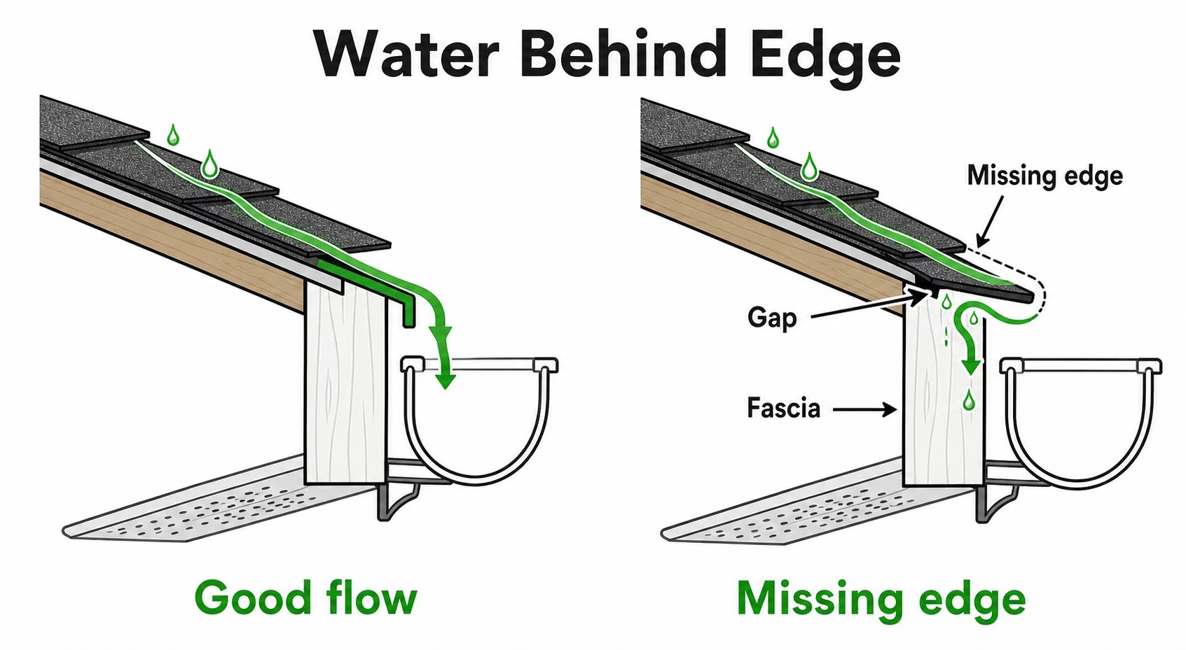 Comparison diagram showing water reaching fascia when a drip edge is missing.