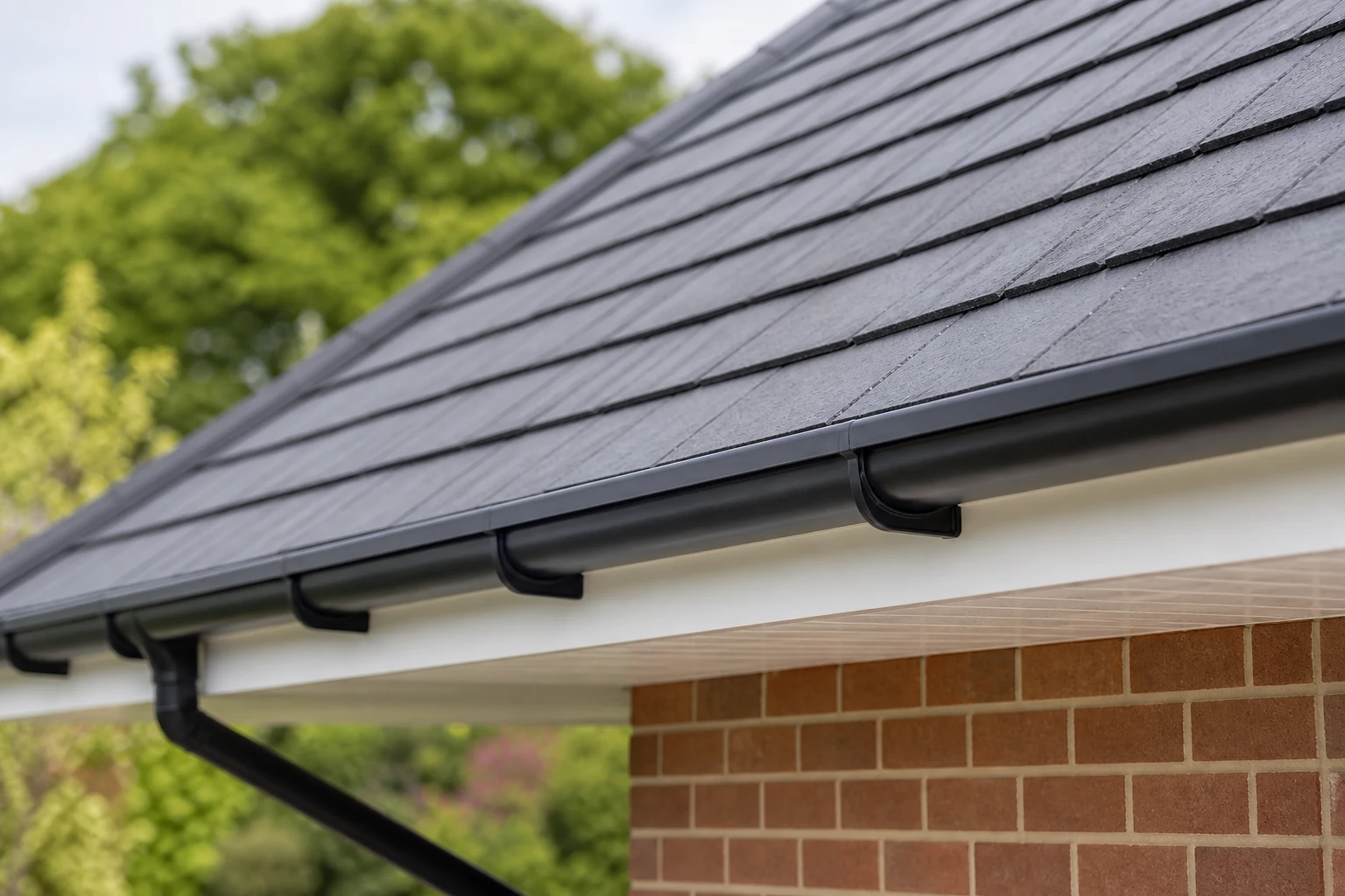 Finished roof edge with neat drip edge, guttering, fascia and soffit.