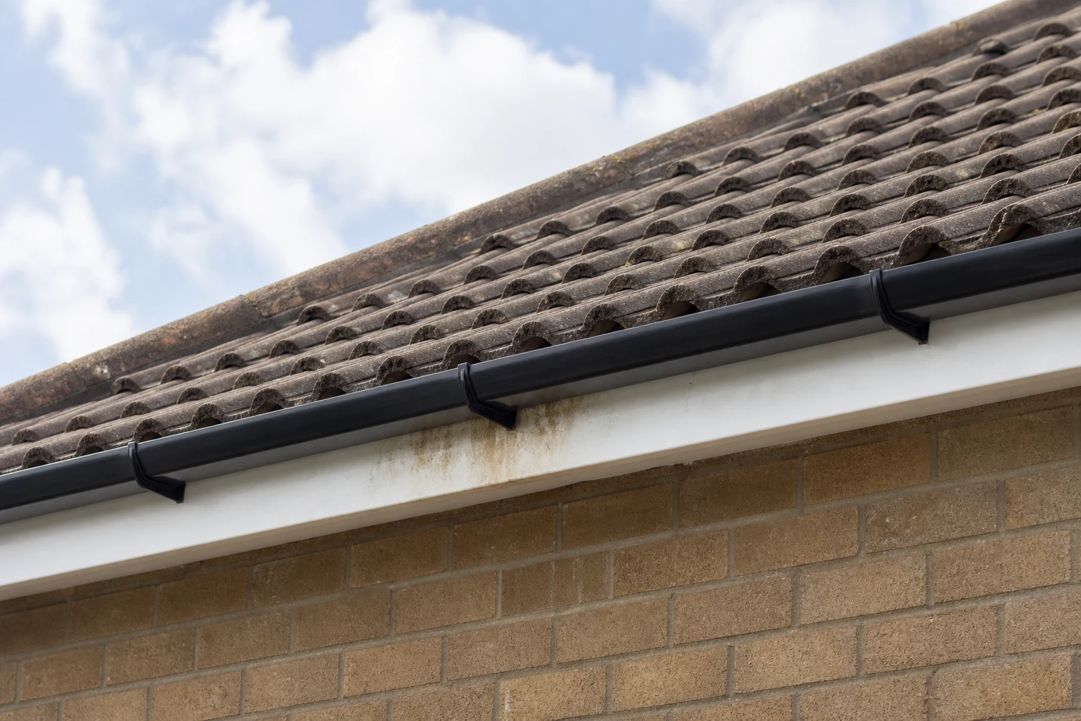 Roof edge with guttering and visible staining on the fascia board.