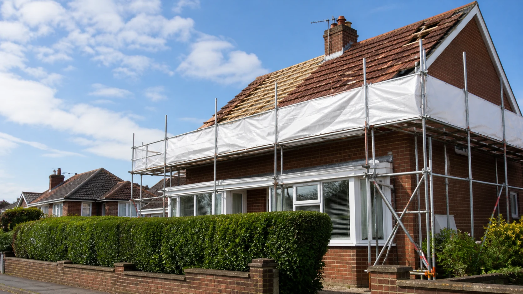 Brick house roof replacement with gutters and fascias protected by scaffolding.