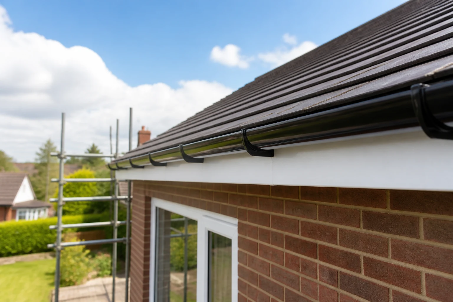 Clean gutter and fascia refitted beneath new roof tiles.