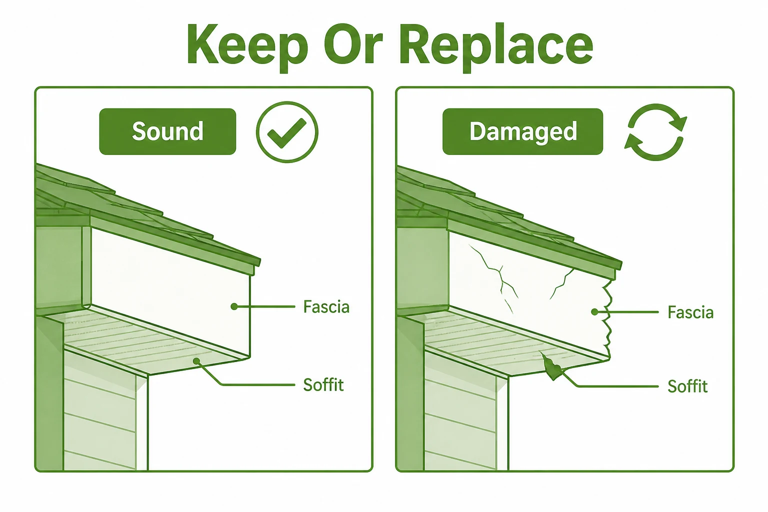 Graphic comparing sound and damaged fascias and soffits.